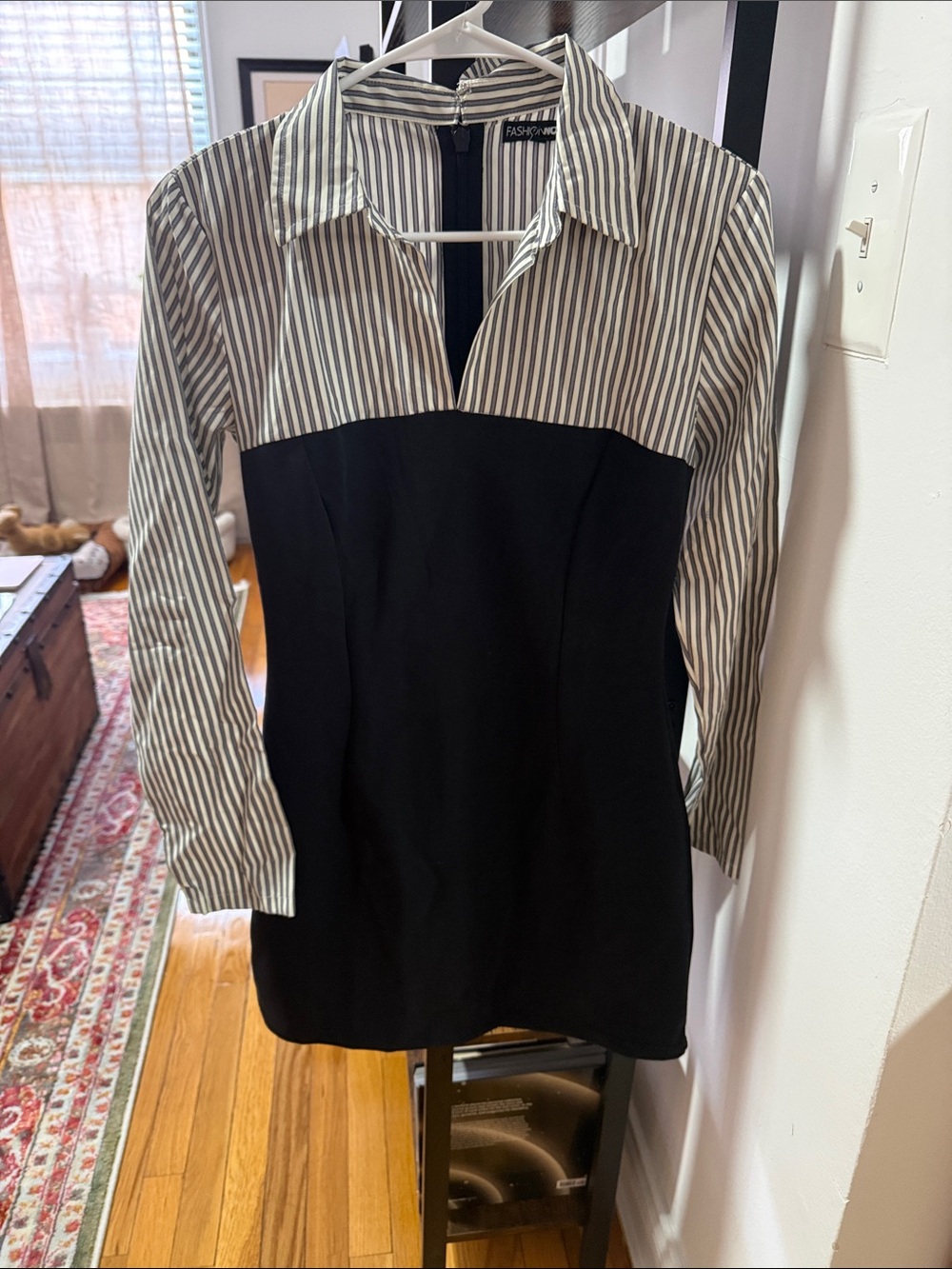 Fashion Nova Black Dress with Gray-White Striped Top